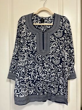 🌊☀️🩵 Navy & White Floral-Print Swim Coverup Tunic Dress 🌊☀️🩵